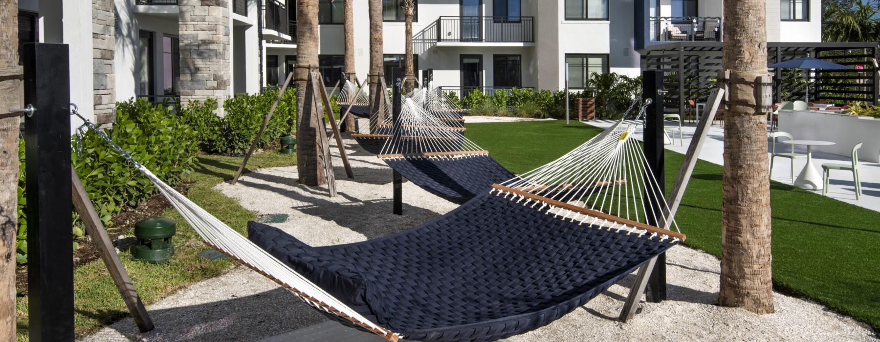 a hammock between two buildings